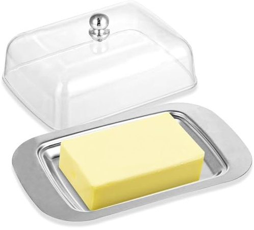 Edelstahlbutterdose Butterdose mit Deckel und Griff,Fassungsvermögen für 250 g Butter, geeignet für die Aufbewahrung von Käse, kalten Gerichten, Kuchen, Desserts,Früchten (Silber, 18.5x12.3x6cm)