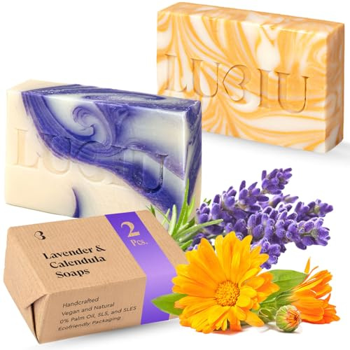 lubiu Saponi Naturali Artigianali – Lavanda e Calendula – Sapone Solido (2x100g) - Set Saponette Profumate Regalo per Tutte le Pelli e Bambini - Saponetta Corpo, Sapone Mani e Saponetta Viso