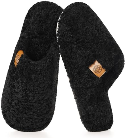 Women Men Slippers Comfortable Memory Foam Furry Synthetic Wool Closed Toe Cozy Bedroom Slippers Ladies Lightweight Slip on Home House Slides Shoe,Black,11/11.5 UK