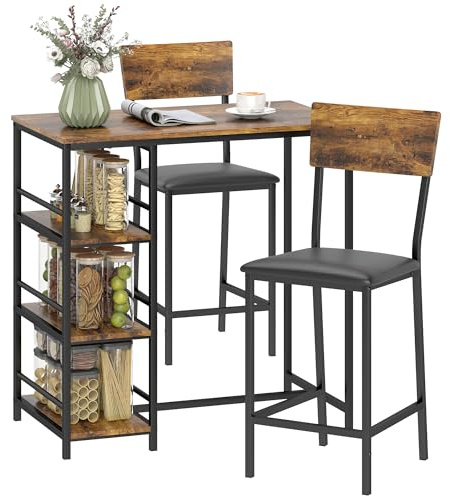 HOMCOM 3 Piece Breakfast Bar Table Set, Space Saving Bar Table and PU Leather Stools for 2, Dining Table Set with Storage Shelves, Rustic Brown