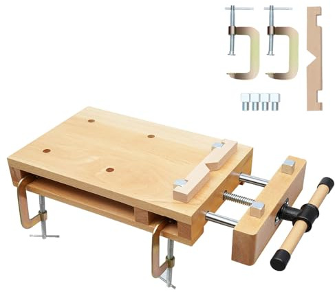 Portable Planing Bench, Mini Workbench with Vice, Adjustable Handle, Mobile Wood Vice Workbench, Workbench Made of Beech Wood for Clamping and Planing, 47 x 28 x 7 cm