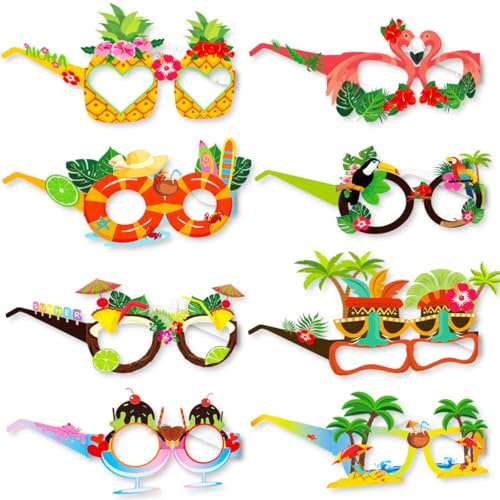 Bolosa Hawaiian Party Glasses, 8 Pcs Tropical Cardboard Party Eyeglasses, 8 Assorted Luau Photo Booth Props, Summer Birthday Party Decorations for Kids & Adults, Garden Beach Fancy Dress Accessories