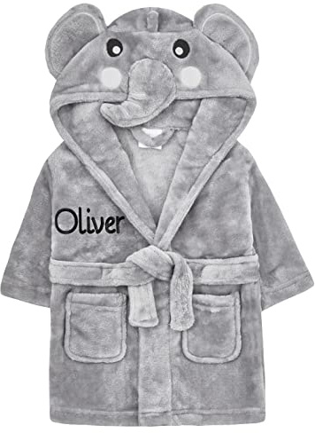 Personalised Baby Bathrobe Hooded Fleece Dressing Gown Super Soft Gifts Robe For Boys Girls Cute Teddy Ears (6-12 Elephant)