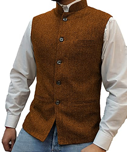 Tuikayoo Mens Herringbone Wool Vests Suit Business Tweed High Collar Waistcoats Slim Fit(XX-Large, Orange)