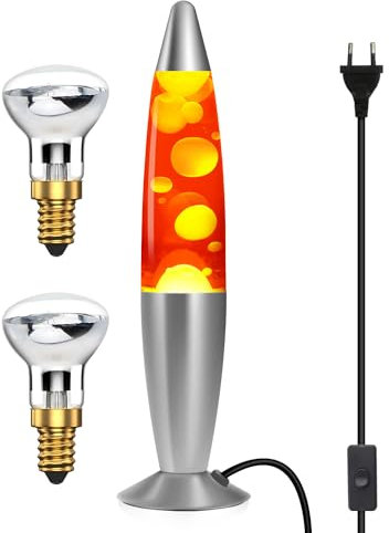 DoRight Klassische Lavalampe Gelbes Wachs/Rotes Flüssiges Aluminium Beruhigende Bewegung Lavalampe für Friedliche Entspannung, 13,38 Zoll, mit 2 Packung R39 25W E14 Lavalampe, AC220-240V, EUStecker