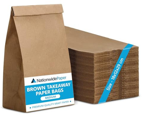Nationwide Paper 25pcs Medium Brown Paper Bags, Strong Kraft Paper Bags for Takeaway Grocery, Vegetable, Fruits, Food, Lunch (18x12x29cm)