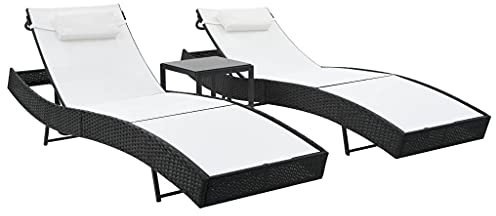 Gecheer 2 STK. Sonnenliegen mit Tisch PolyRattan Sonnenliege Doppelliege Outdoor Gartenliege Liege Liegestuhl Freizeitliege Relaxliege Strandliege Gartenmöbel, Poly Rattan und Textilene Schwarz