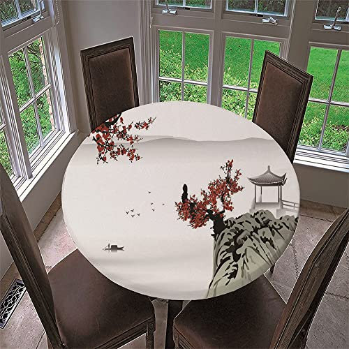 Chickwin Round Fitted Tablecloth with Elastic Edged 3D Oriental Art Printed Tablecloth Waterproof Wipe Clean Table Cover for Cafe Kitchen Outdoor Family Gathering (100cm,Pavilion)