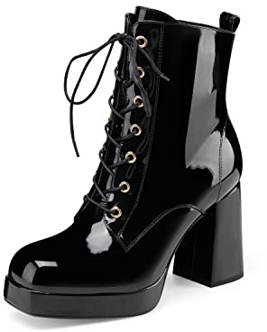 Oh Mispares Women's Platform Ankle Boots with High Chunky Heel Fashion Lace-up Square toe Black Patent Leather Booties(patent,9)