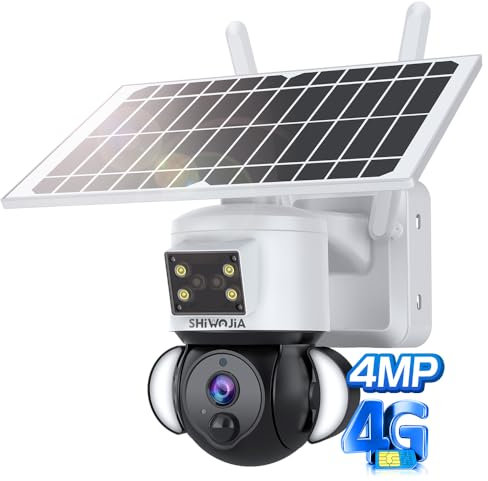SHIWOJIA 4G Carte SIM Caméra Extérieure avec Solaire, Caméra sans Fil PTZ 360° avec Batterie 12000mAh, Détection PIR, Audio Bidirectionnel, Alarme de Lumière Rouge et Bleue, Stockage SD & Cloud