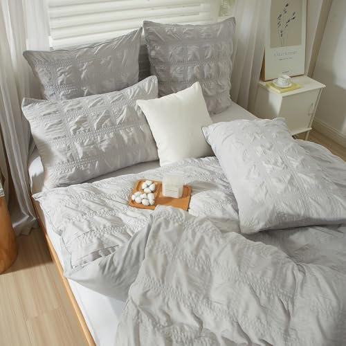 YASMENG Seersucker Bed Linen 135 x 200 cm Grey Checked Duvet Cover Set Soft Breathable Microfibre Bed Linen Modern Romantic Bed Linen Summer 2-Piece with Zip and 80 x 80 cm Pillowcase