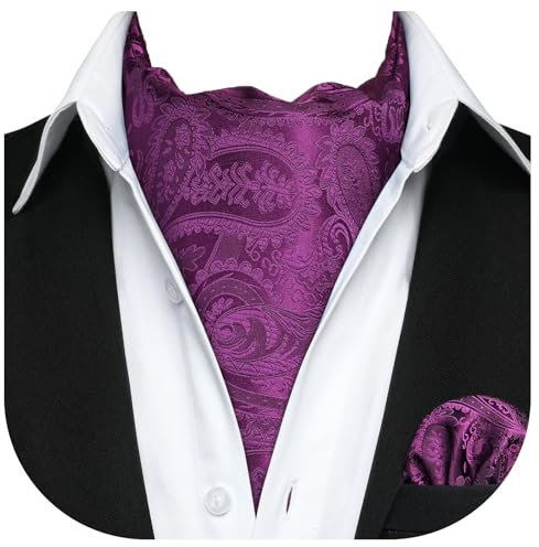 HISDERN Krawattenschal Herren Lila Elegant Seide Halstuch und Taschentuch Paisley Ascot Krawatte mit Einstecktuch Set für Hochzeit