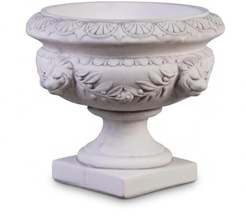 gartendekoparadies.de Pflanzschale Barock Pflanzgefäß aus Steinguss mit Löwenköpfen, frostfest bis -30°C, 10 l Volumen, Grau, 27 kg, 40 x 40 x 35 cm, Handarbeit, robuste Gartendeko für Außenbereich