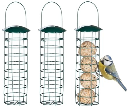 Relaxdays Mangiatoia per Uccelli Selvatici, 3 Dispenser da Appendere per Mangime, Coperchio, HxD 31x8,5 cm, Verde Scuro, Ferro