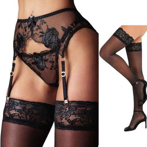 ROSVAJFY Lace Suspenders and Stockings Set for Women Sexy Flower Embroidery Garter Belt wit 4 Adjustable Straps See-Through Lingerie Garters with Thong G-String S-XL (L) Black