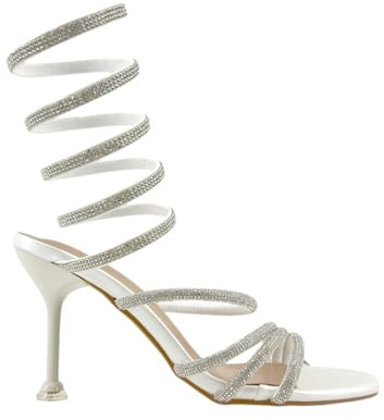 MODELISA - Sandalia De Tacón Alto Brillo Correa Espiral Tobillo Fiesta Boda Mujer (Blanco, Sistema tallas calzado EU, Adulto, Mujer, Números, mediano, 39)