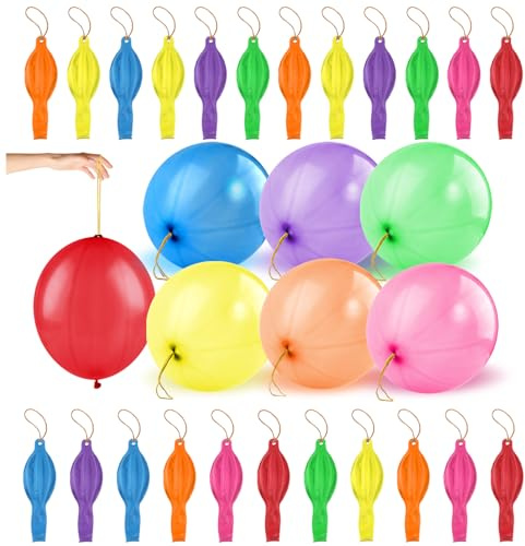30pcs Punch Balloons for Kids, Thickened Neon Punching Balloon, Large Heavy Duty Balloons with Rubber Band Handle for Easter Egg Fillers, Birthday Party Favors, Goodie Bag, Prizes