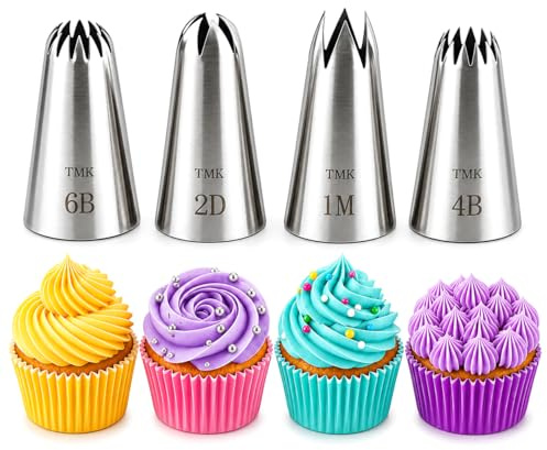 4 Pack Stainless Steel Seamless Piping Icing Tips 1M 2D 4B 6B, Large Piping Nozzle, Cake Decorating Tools for Cupcake Baker