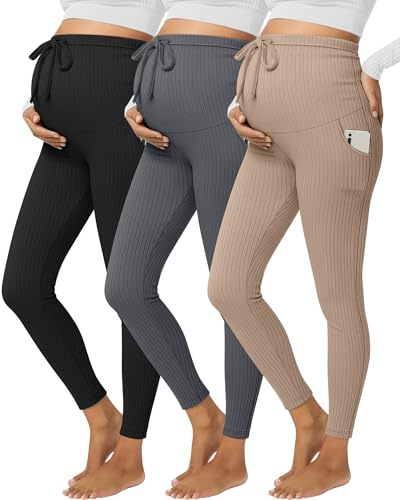 Sweetyweee 3 Pack Women's Maternity Leggings Cotton Ribbed Pregnancy Pants Drawstring Workout Yoga Active Pants with Pockets(Black, Charcoal Gray, Khaki,Large)