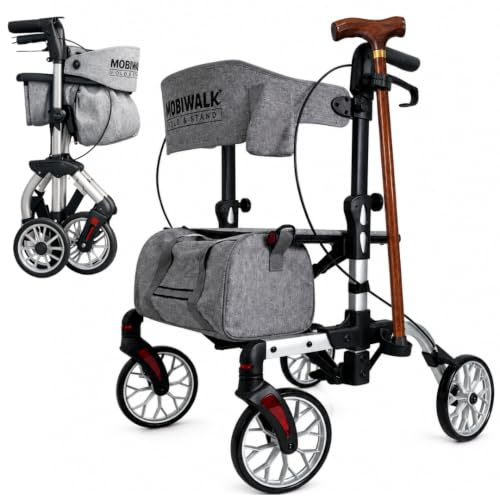 MobiWalk Fold & Stand Rollator Walker with Seat for Elderly & Adults | Lightweight Aluminium Folding Rollator | 8 Inch Wheels, Adjustable Height, Storage Bag, Cane Holder, 136 kg / 300 lbs