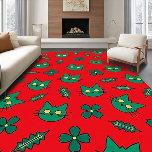 Low Pile Flatwoven Area Rug 3x5, Vivid Interlocking Cat Design with Playful Angles and Joyful Holiday Palette, Machine Washable, Stain Resistant Indoor Rug for Living Room, Bedroom, Non Slip(Red, 3x5)