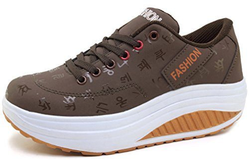 Solshine Damen Fashion Plateau Schnürer Sneakers Dämpfung Keilabsatz Fitnessschuhe 016 Braun 39EU