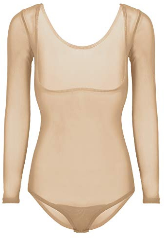 dPois Maillot Leotardo Manga Larga de Malla para Mujeres Maillot de Danza Gimnasia Rítmica Body Transparente Bodysuit Corte Alto Elático Dance Body Ballet Beige One Size