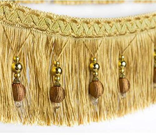 Yalulu 4 yardas tipo europeo trenzado cuentas colgantes bola borla flecos adornos franja cinta cinta para cortina mesa accesorios hogar DIY decoración (oro)