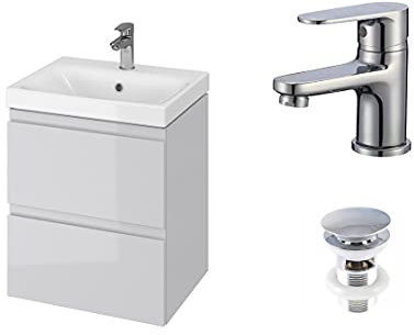 VBChome Badmöbel 50 cm Grau mit Armatur und Pop-up ventil Waschbecken mit Unterschrank Waschtisch 2-Schubladen Hängeschrank Click-Clack