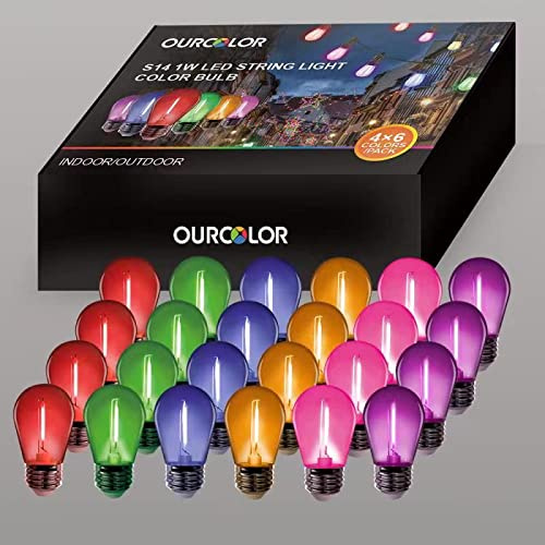 OURCOLOR Confezione da 24 lampadine di ricambio multicolore S14 da 1 W, per decorare la casa, vacanze, feste, matrimoni, Natale, colori assortiti