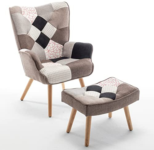 Totò Piccinni SET SIESTA Poltrona con Sgabello Design Patchwork Multicolore Gambe in Legno di Faggio (Patchwork Elegant)