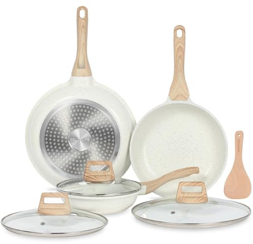 ESLITE LIFE Bratpfannen-Set mit Deckel, Antihaft-Pfannen-Set, Eier-Omelett-Pfannen, Keramikbeschichtung, Kochgeschirr, kompatibel mit Gas, Elektro und Induktion, PFOA-frei, 7-teilig, cremefarben