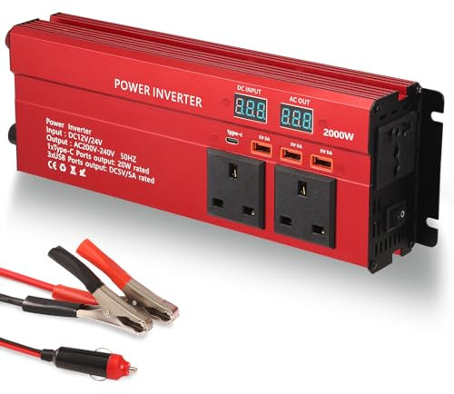 Neulriscn Power Inverter 2000W, DC 12V/24V to AC 230V 240V Car Inverter with 5A 3 USB Ports 3 AC Sockets 1 USB-C Port with Cigarette Lighter, Modified Sine Wave Car Adapter with LED Display for Travel