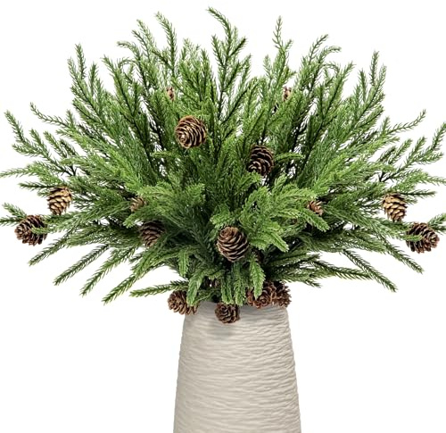KKSTY 5 steli di pino norfolk realistici al tatto con pigna, rametti artificiali di fogliame di Natale, rametti per albero di riempimento, decorazioni vegetali per ghirlande natalizie, ghirlande fai