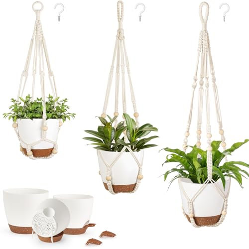 Mkono Hanging Planters, Macrame Plant Hangers with Self Watering Plant Pots Indoor Set of 3 Hanging Baskets Flower Pot Holders with Hooks No Tassels 3 Different Size for Boho Home Decor, Ivory