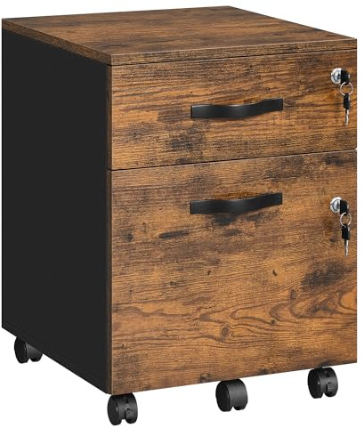 VASAGLE Caisson Bureau, Petit Meuble de Rangement Mobile, 2 Tiroirs | 5 Roulettes, Surface Texturée, pour Dossiers Suspendus, Document A4, Poste de Travail, Marron, Collection CUSTOS LCD022K01
