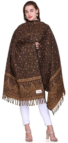 Tidlös paisleymönstrad ullblandning, 'Tibet' etikett, fransad, Brun, one size