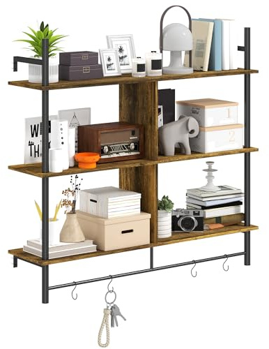 HOMCOM Floating Shelves, 104CM Wall Mounted Ladder Shelf with 4 Hooks, Rustic Hanging Display Shelf for Living Room, Entryway, Kitchen, Rustic Brown