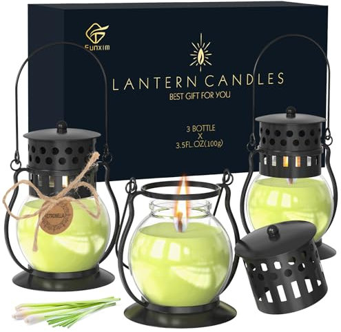 Citronella Kerzen im Glas mit Vintage Laterne - 3 x 3,5 oz Natürliches Sojawachs mit Zitronengras Duft, DEET-freie Outdoor Kerzen für Garten, Balkon & Camping - Retro Design & Umweltfreundlich