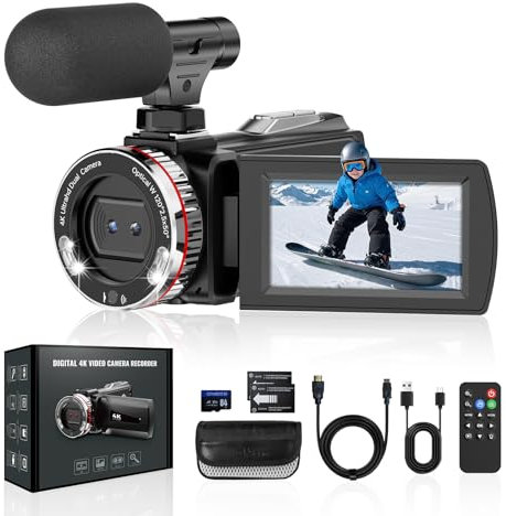 Videokamera 4K Camcorder 48MP 60FPS Vlogging Kamera für YouTube 3.0'' 270°Drehbarer Screen, 21X Digital Zoom Video Kamera mit 64 GB SD-Karte, 2 Batterien, Externem Mikrofon