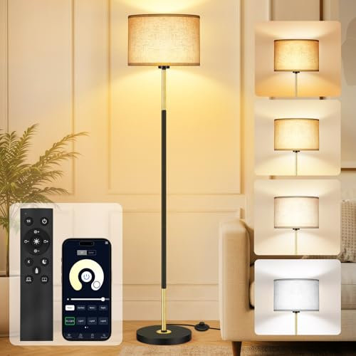 OUTON Modern Floor Lamp with Remote & APP Control, Dimmable & 3000K-6500K Adjustable Color Temperature, Memory function, Standing Lamp with Linen Shade for Living room, Bedroom, Office(Black and Gold)