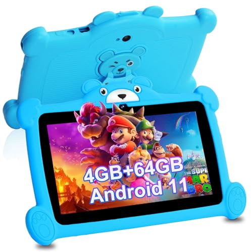 Discoball 7Inch Kid's Tablet Android 11 Tablet for Kids Ages 3-12, 4GB RAM+64GB ROM Children Wifi Tablets Parental Control Boys Pre-Installed APP Dual Camera Toddler Tablets with Proof Case