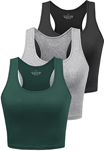 BryticFlow Women's Crop Vest Top 3 Pack Cotton Gym Tops for Yoga Running Shirts Racerback Sleeveless Workout Tank Cropped Ladies Tops Black/Grey/Emerald Green M
