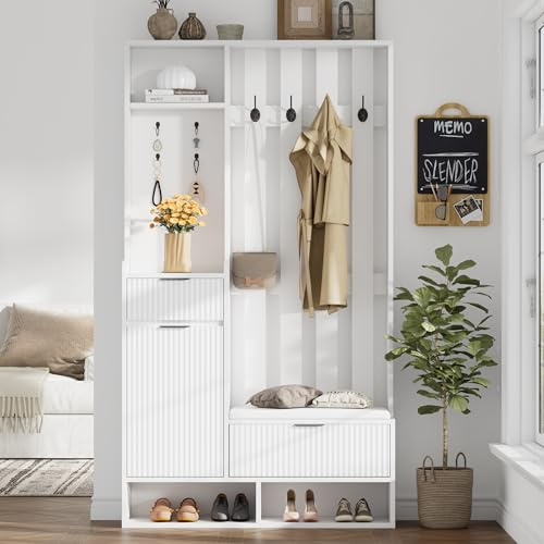 Kelodan Appendiabiti 6 in 1, 10 x 30 x 180 cm, con 8 ganci, scarpiera e ripiani, protezione antiribaltamento, appendiabiti compatto con cassetti e armadi, scarpiera, bianco