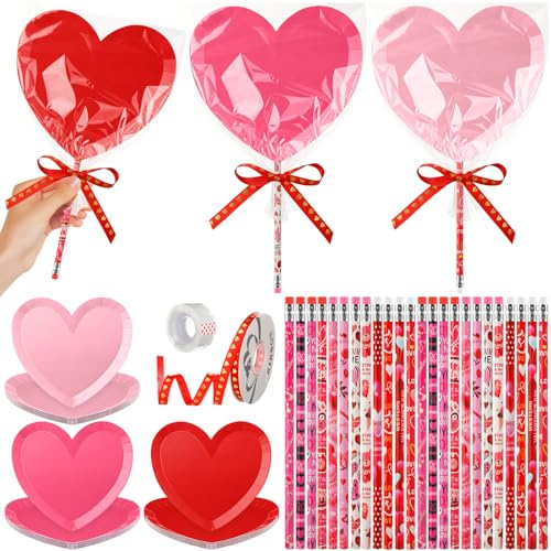 Gersoniel 150 Pcs Valentines Day Goodies Bags Giant Lollipop DIY Treat Bags Kit with 24 7 Heart Paper Plates 24 Pencils 100 Plastic Bag Valentine Party Favors Candy Stationery Bag for Class School