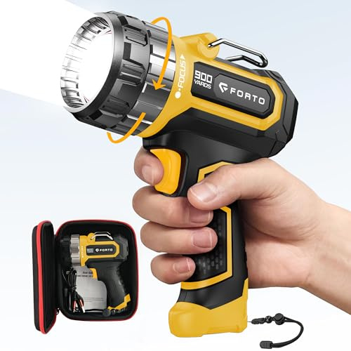 FORTO Compact Rechargeable Spotlight with Adjustable Focus,Long Running Handheld Spot Light with Foldable Stand,LED Spot Lights Outdoor for Boating Hunting Camping Hiking