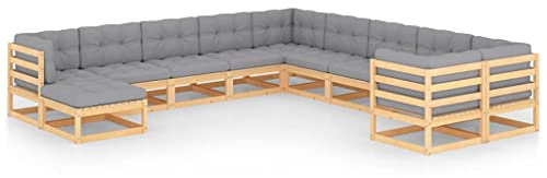 Kaloriko 11-TLG. Trädgård lounge-set, massiv furu, grå kudde, utomhus uteplatsmöbler, robust balkongmöbelset, för avkoppling utomhus