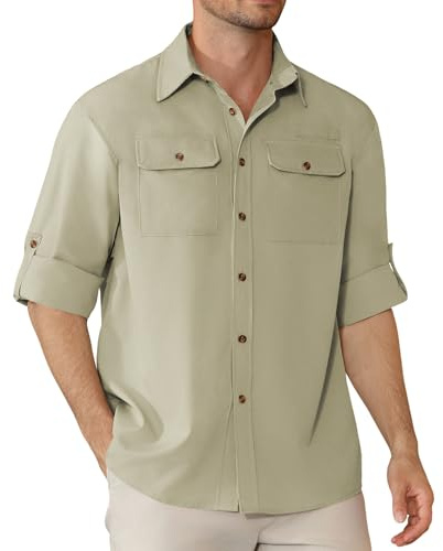Focixfor Men's Long Sleeve Safari Hiking Shirt Button-Down Quick Drying Fishing Breathable Outdoor Shirts