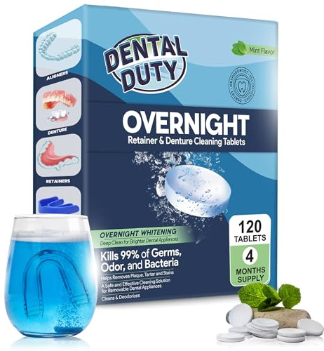 Dental Duty Overnight Retainer Cleaner Tablets – Deep Clean Invisalign & Denture Cleaning Tablets for Aligners, Mouthguards & Night Guards – Removes Odor, Plaque & Stains – 120 Count