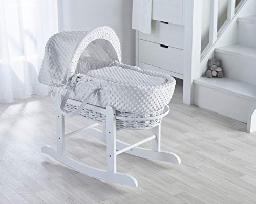 ELEGANT BABY White Dimple White Wicker Moses Basket with Deluxe White Rocking Stand, Adjustable Hood, Fibre Mattress & Padded Liner